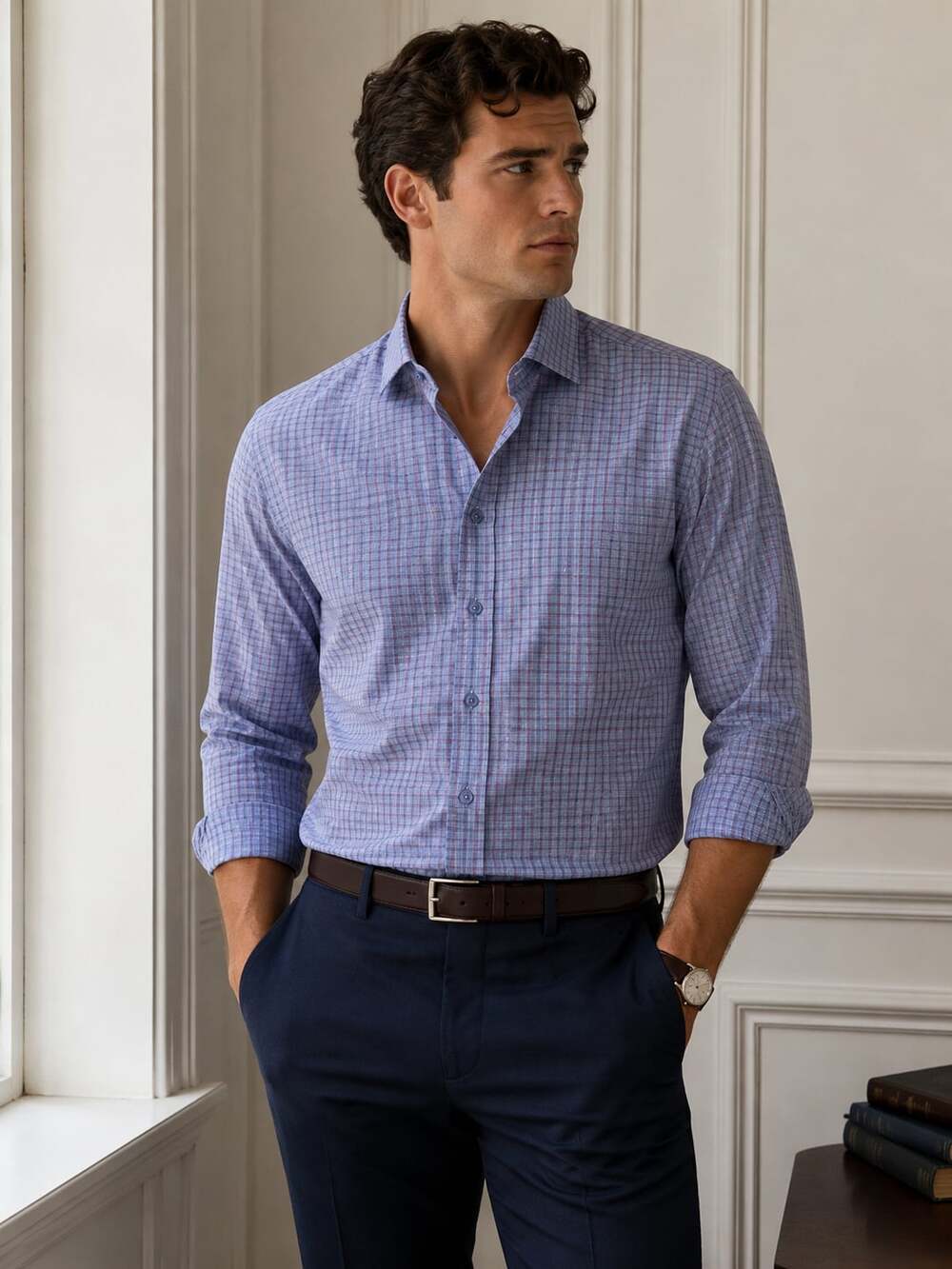 Twillory Performance Dress Shirt Men’s 17 34/35 Tailored Fit Blue Pink Plaid